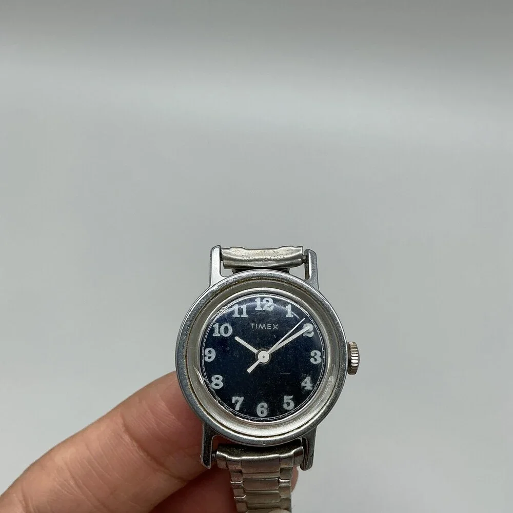 Vintage Timex Womens Watch 25mm Black Dial Stainless Bracelet Manual Wind